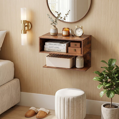Modern Floating Nightstand with Storage Shelves for Living Room and Bed Room-Rustic Brown