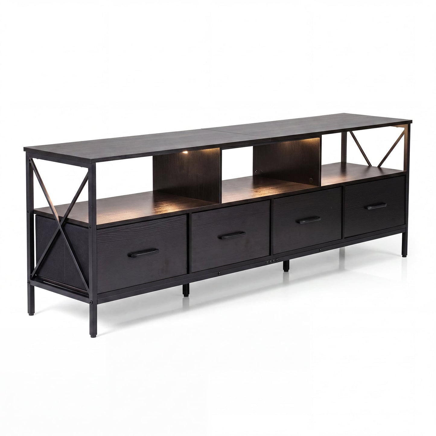 Modern LED Entertainment Center for 80" TVs with 4 Folding Fabric Drawers and Heavy-duty Metal-Black