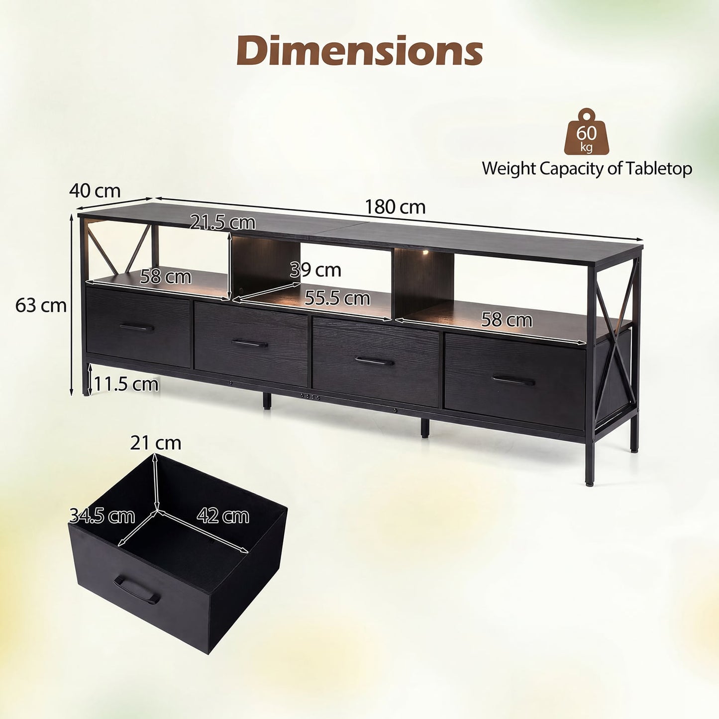 Modern LED Entertainment Center for 80" TVs with 4 Folding Fabric Drawers and Heavy-duty Metal-Black
