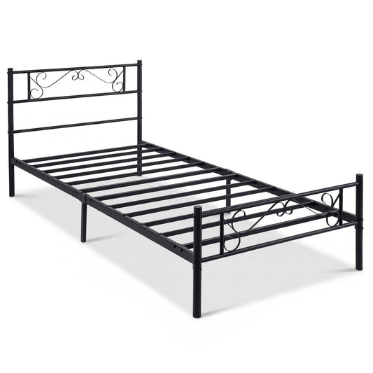 Modern Metal Bed Frame with Floral Headboard and Footboard-Black Single Size