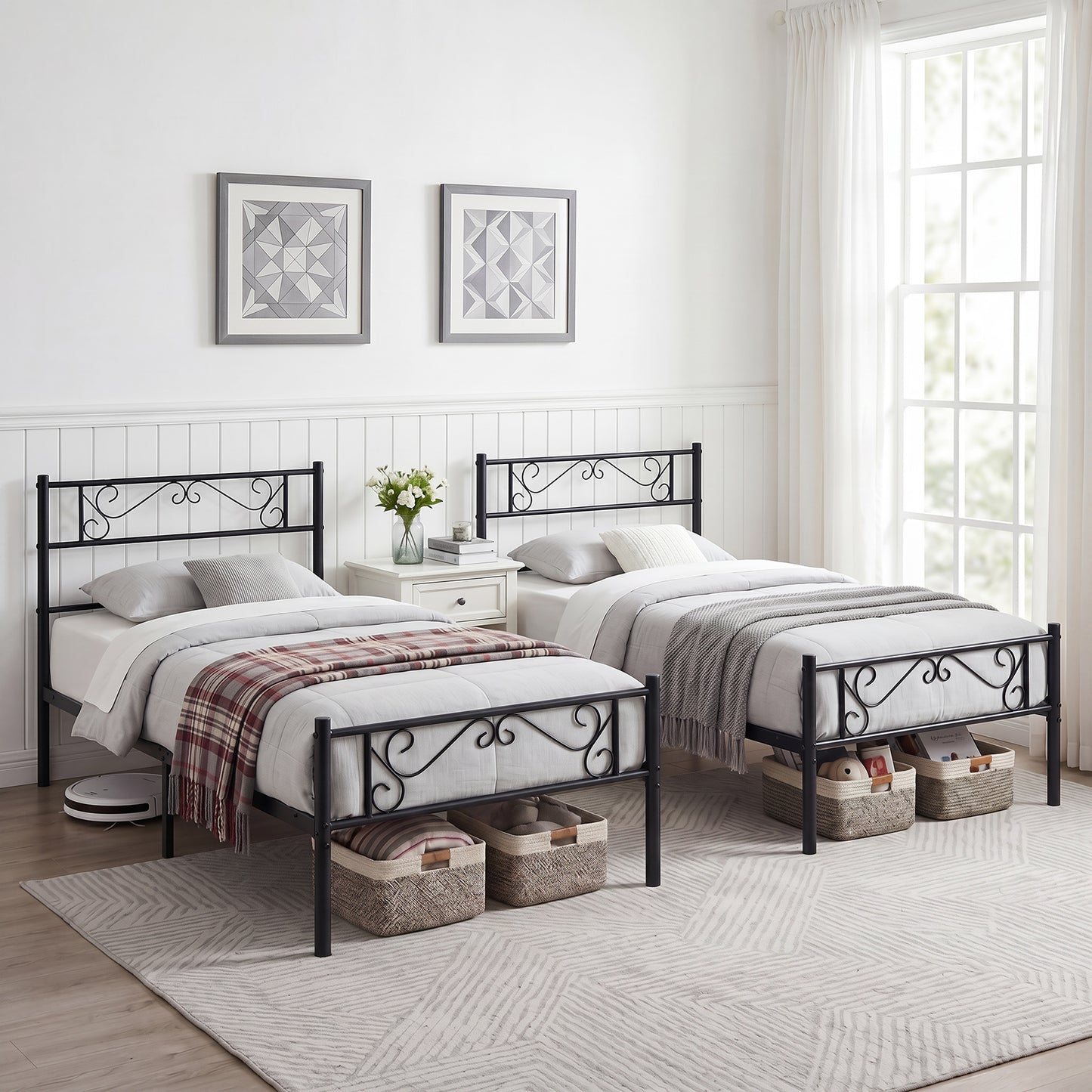 Modern Metal Bed Frame with Floral Headboard and Footboard-Black Single Size