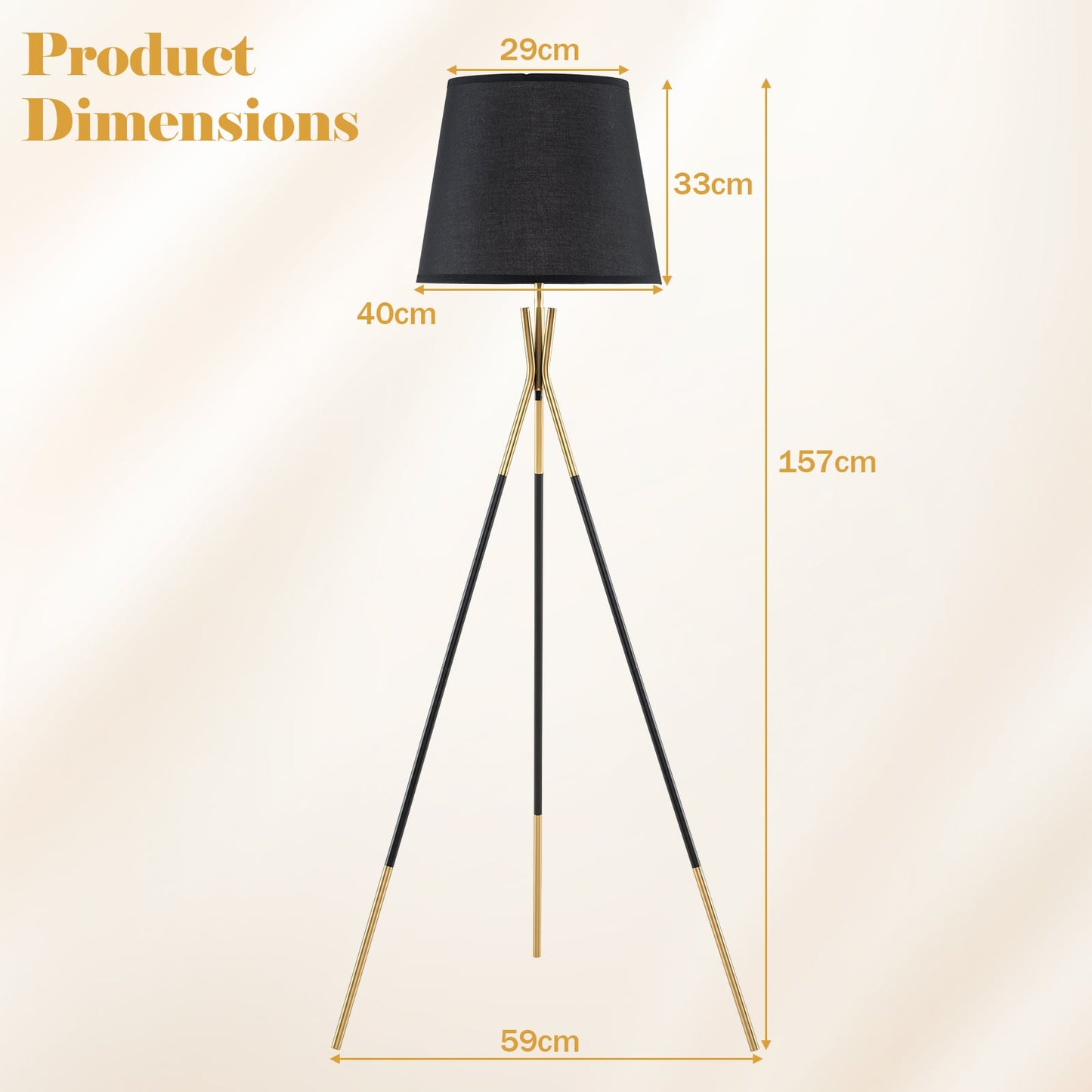 Modern Metal Tripod Floor Lamp with Fabric Shade157 cm Tall Standing Lamp-Black