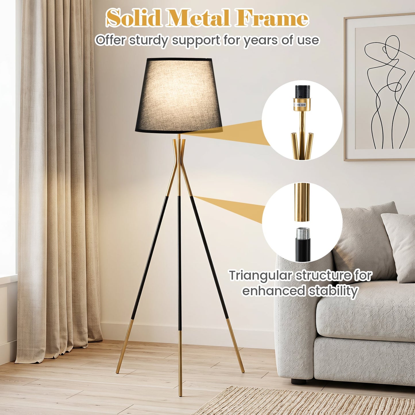 Modern Metal Tripod Floor Lamp with Fabric Shade157 cm Tall Standing Lamp-Black