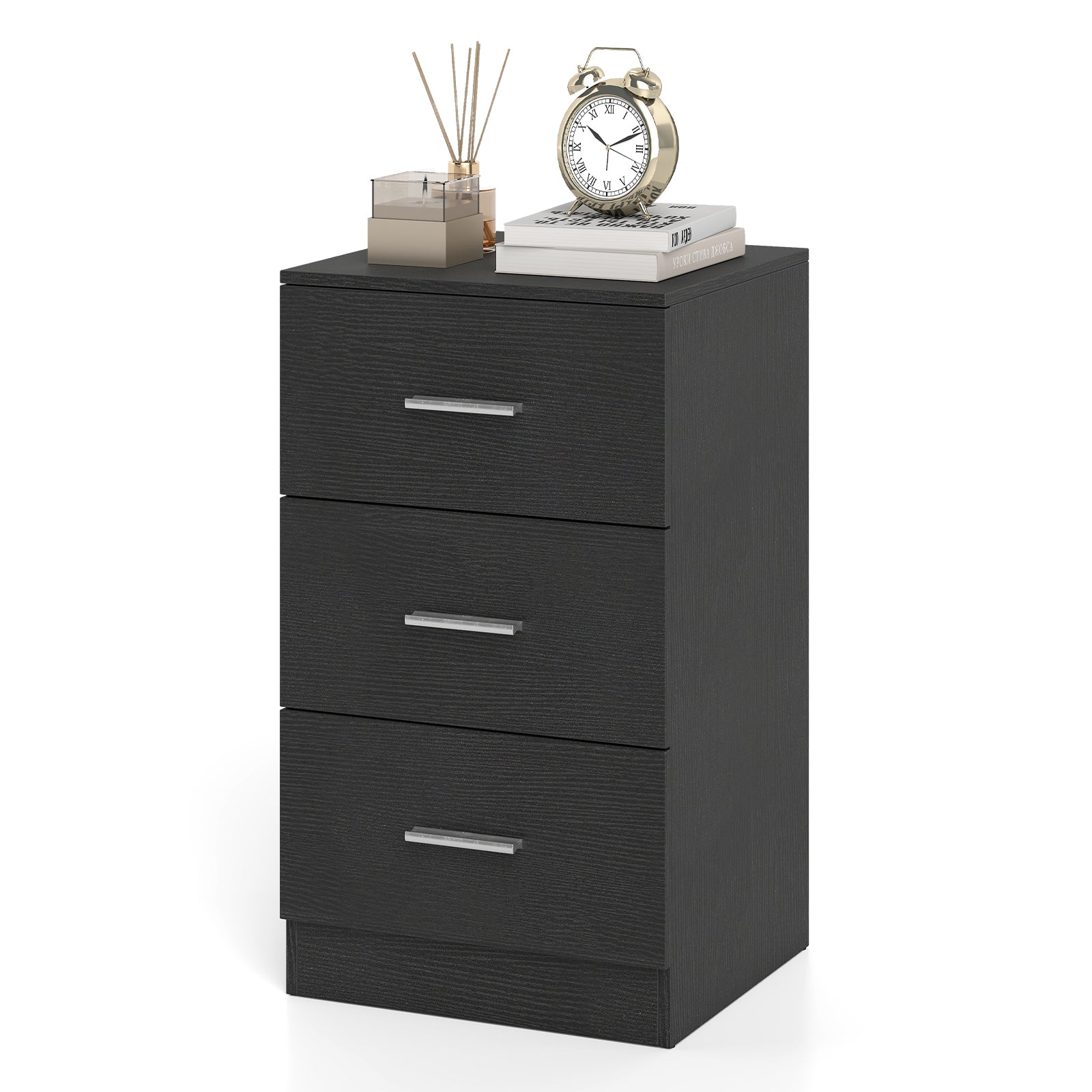 Modern Nightstand End Table with 3 Storage Drawers 2 Anti-tip Kits-Black