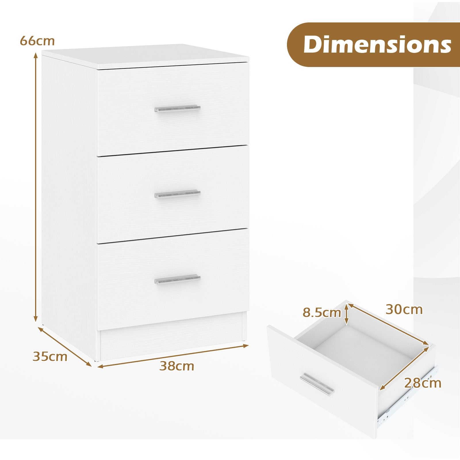 Modern Nightstand End Table with 3 Storage Drawers 2 Anti-tip Kits-White