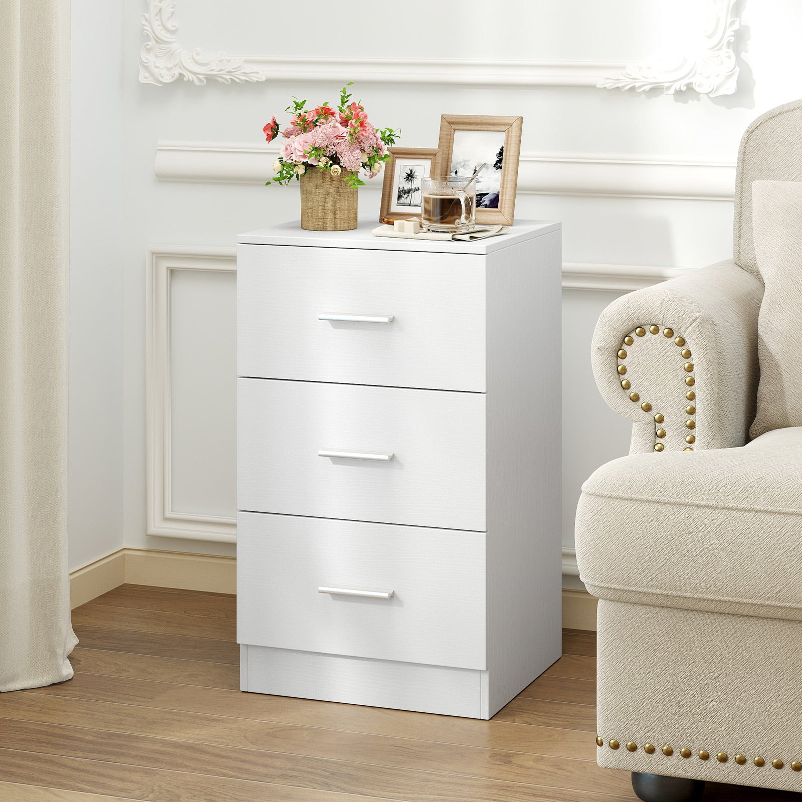 Modern Nightstand End Table with 3 Storage Drawers 2 Anti-tip Kits-White
