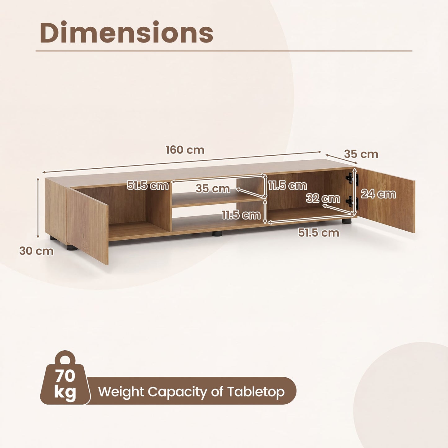 Modern TV Stand for up to 70" TVs with 2 Doors and Open Shelves-Natrual