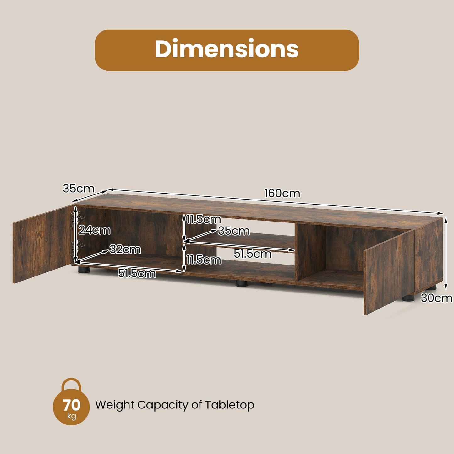 Modern TV Stand for up to 70" TVs with 2 Doors and Open Shelves-Rustic Brown
