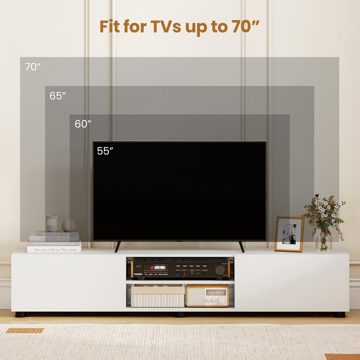Modern TV Stand for up to 70" TVs with 2 Doors and Open Shelves-White