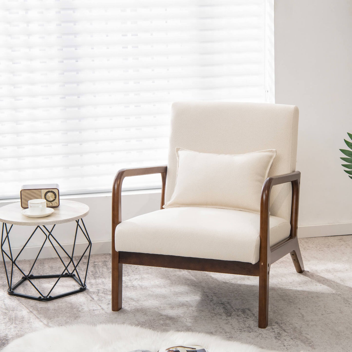 Modern Accent Chair with Lumbar Pillow and Rubber Wood Frame-Beige