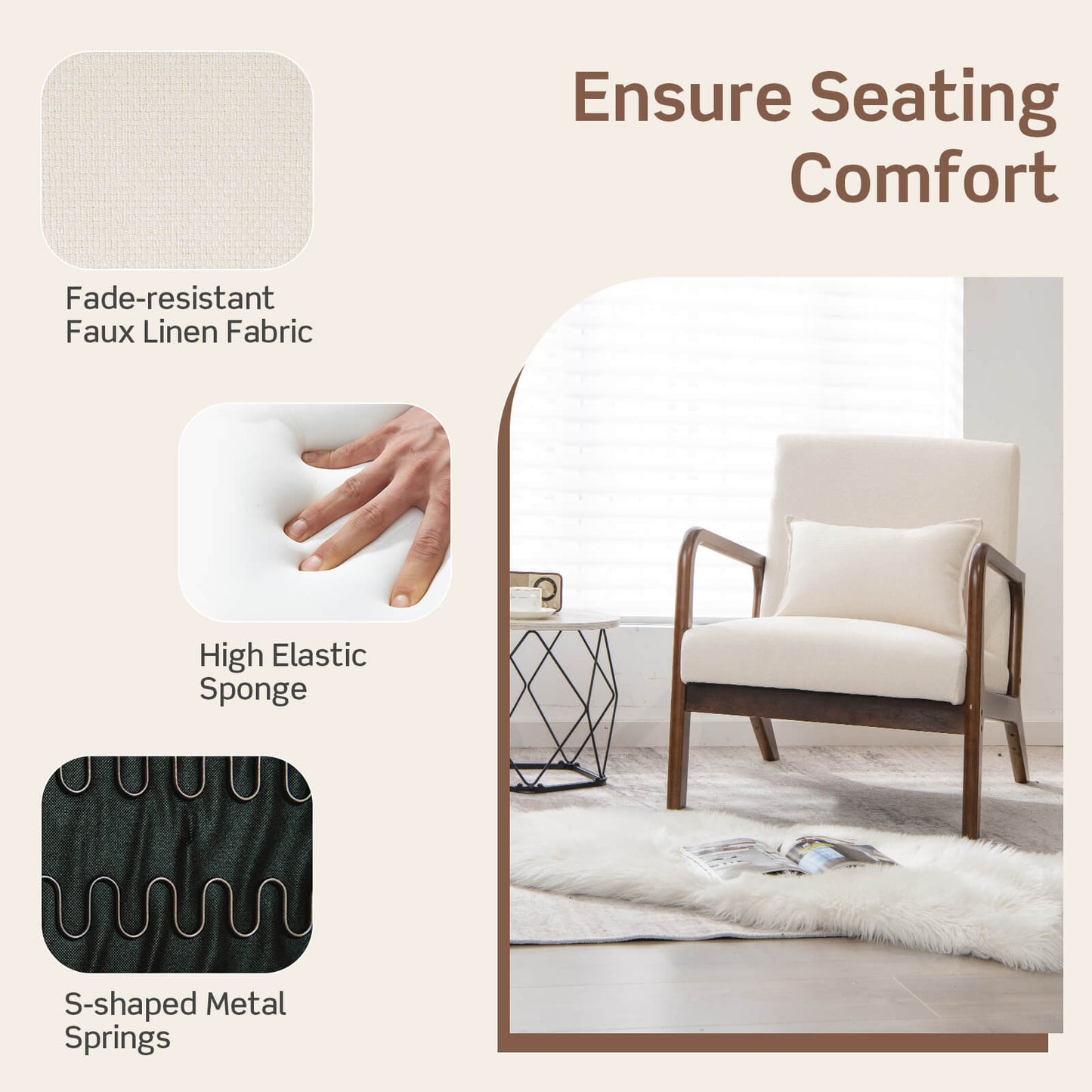 Modern Accent Chair with Lumbar Pillow and Rubber Wood Frame-Beige
