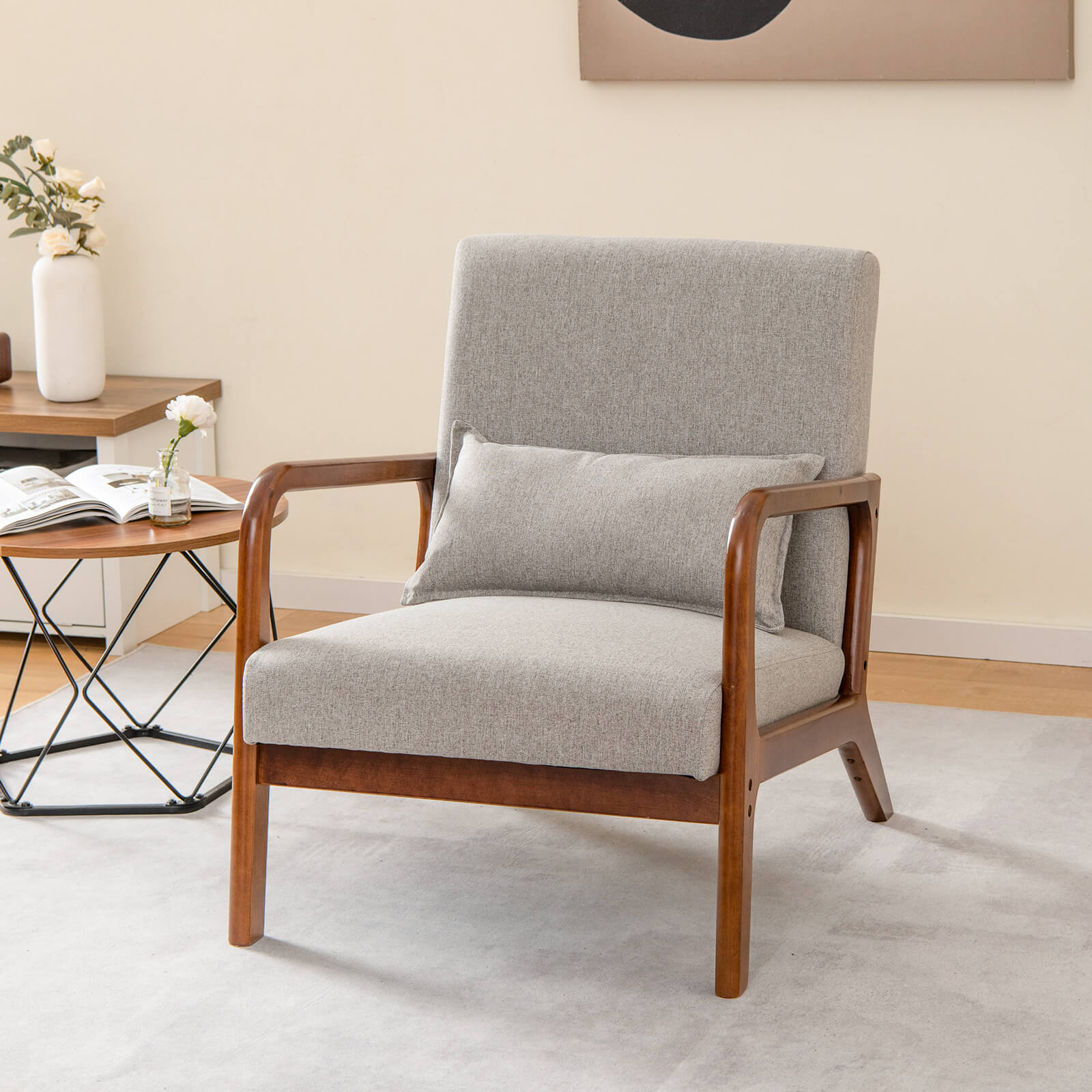 Modern Accent Chair with Lumbar Pillow and Rubber Wood Frame-Grey