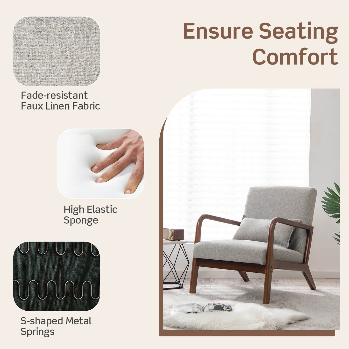 Modern Accent Chair with Lumbar Pillow and Rubber Wood Frame-Grey