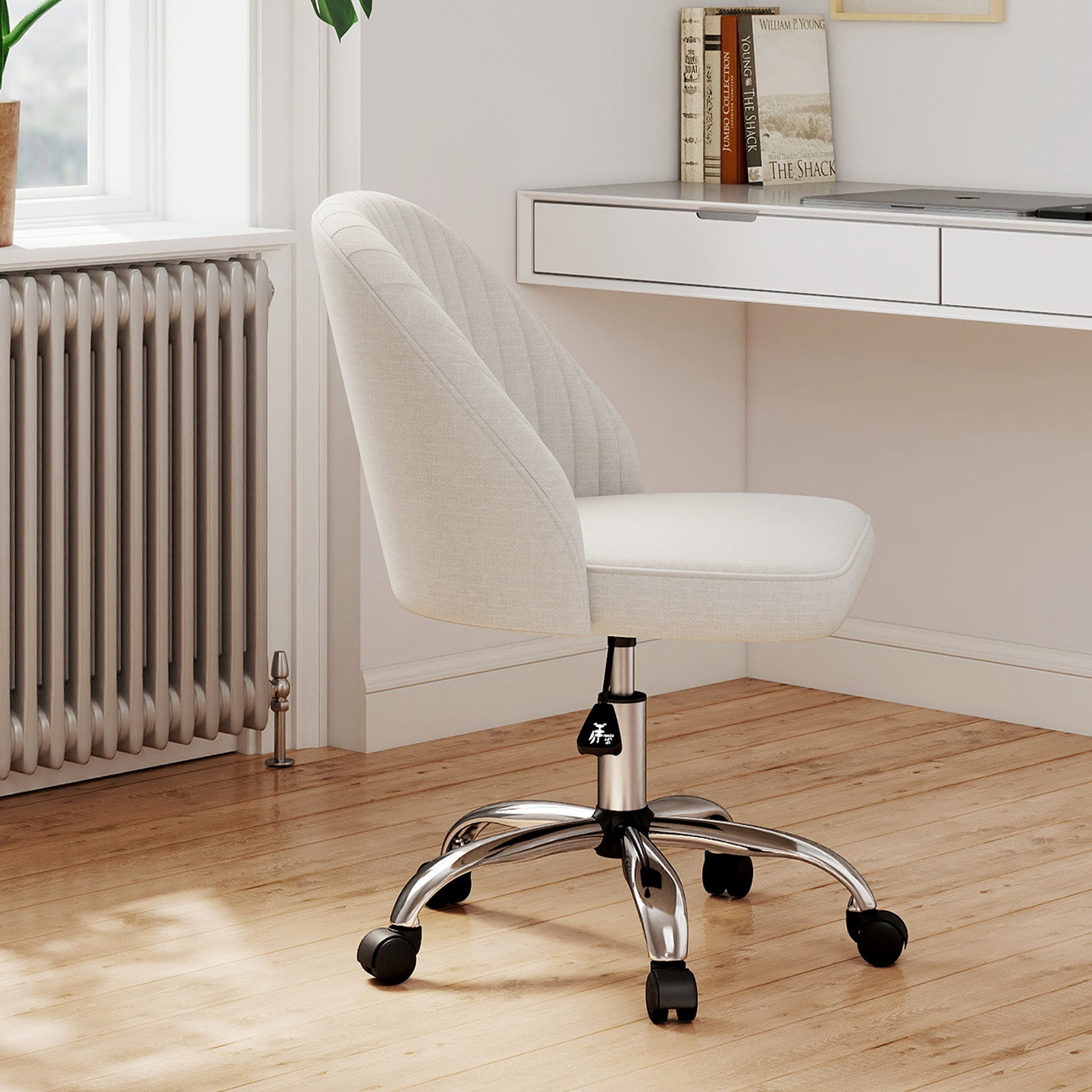Modern Armless Office Chair with Curved Backrest and Upholstered Seat-Beige
