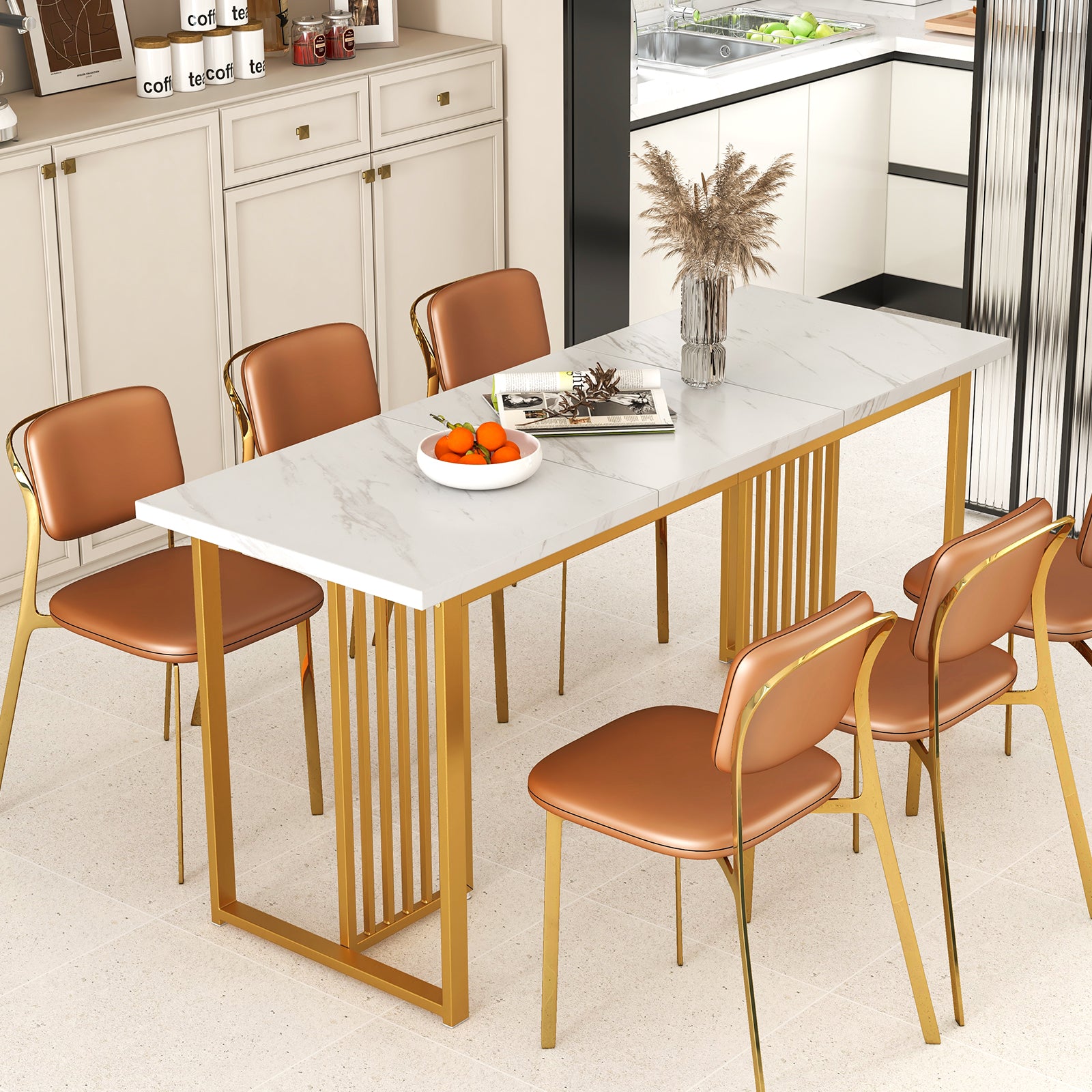 Modern Dining Table with Faux Marble Tabletop for 6-8 People-White