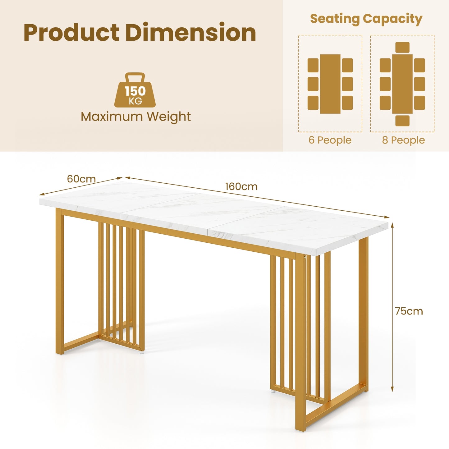 Modern Dining Table with Faux Marble Tabletop for 6-8 People-White