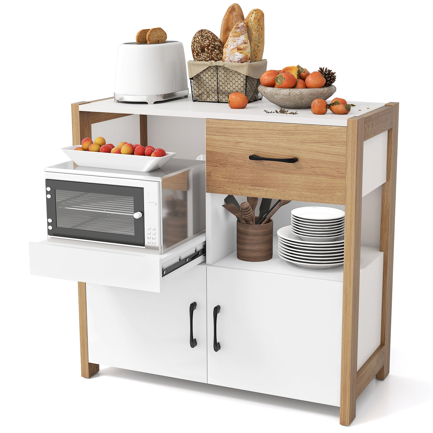Modern Farmhouse Coffee Bar Cabinet with Drawer for Dining Room-White