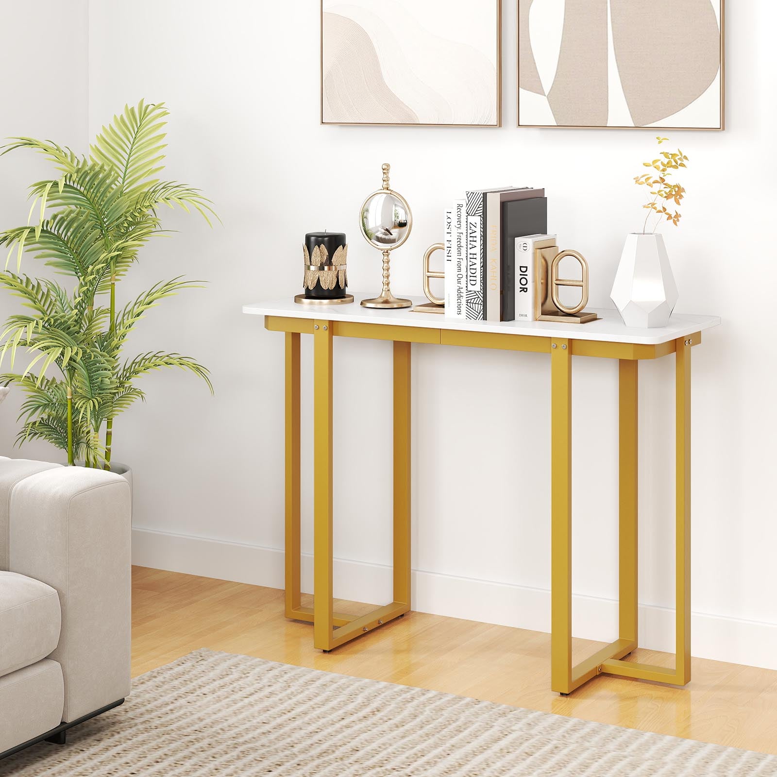 Modern Faux Marble Entryway Console Table with Geometric Metal Frame-White