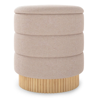 Modern Round Storage Ottoman with Removable Lid and Solid Wood Base-Beige