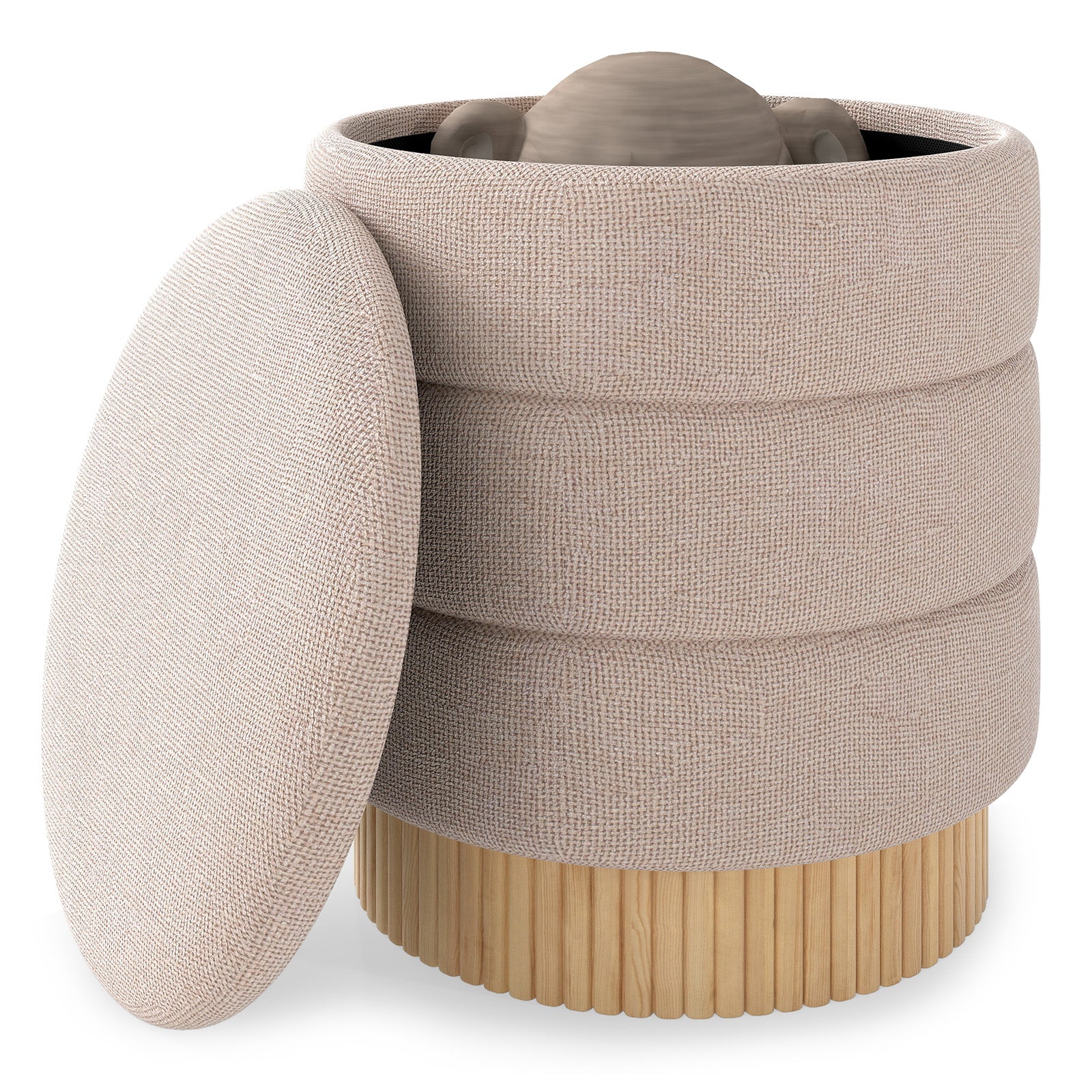 Modern Round Storage Ottoman with Removable Lid and Solid Wood Base-Beige