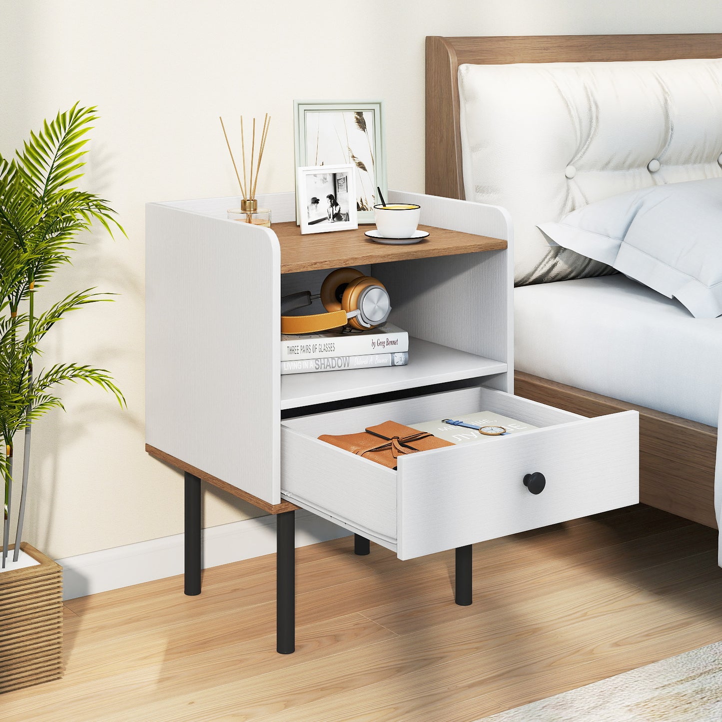 Modern Sofa Side Table with Drawer and Metal Legs for Small Spaces-White-1 Piece