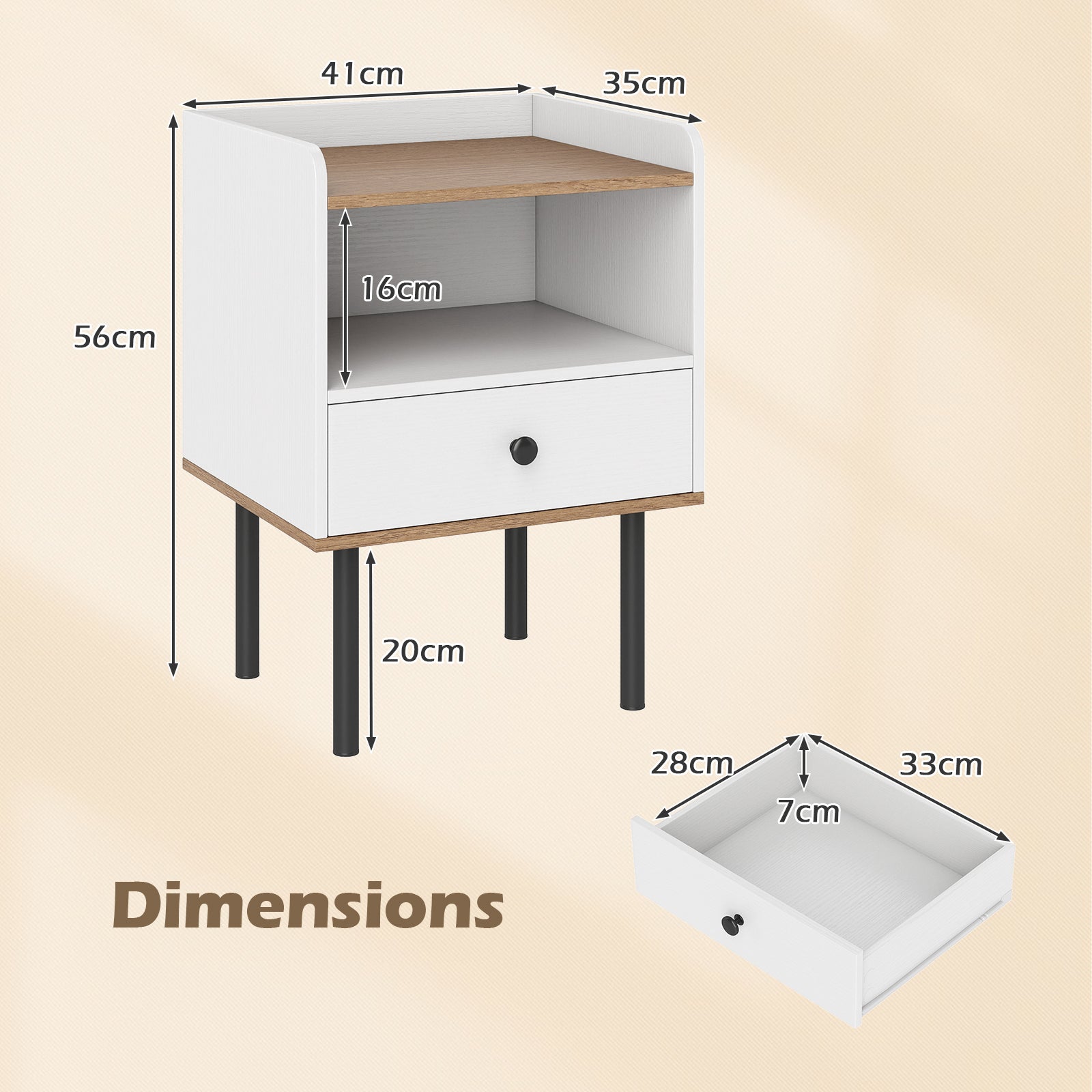 Modern Sofa Side Table with Drawer and Metal Legs for Small Spaces-White-1 Piece