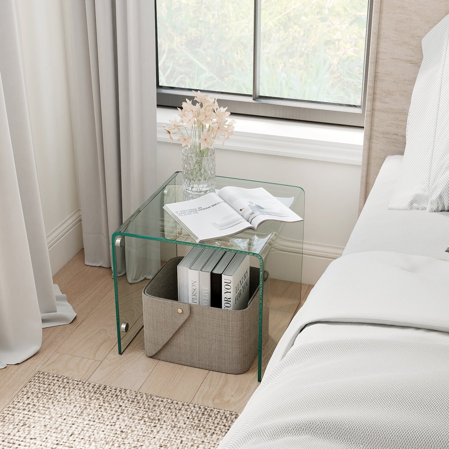 Modern Tempered Glass Side Table with 2-tier Shelf-Transparent