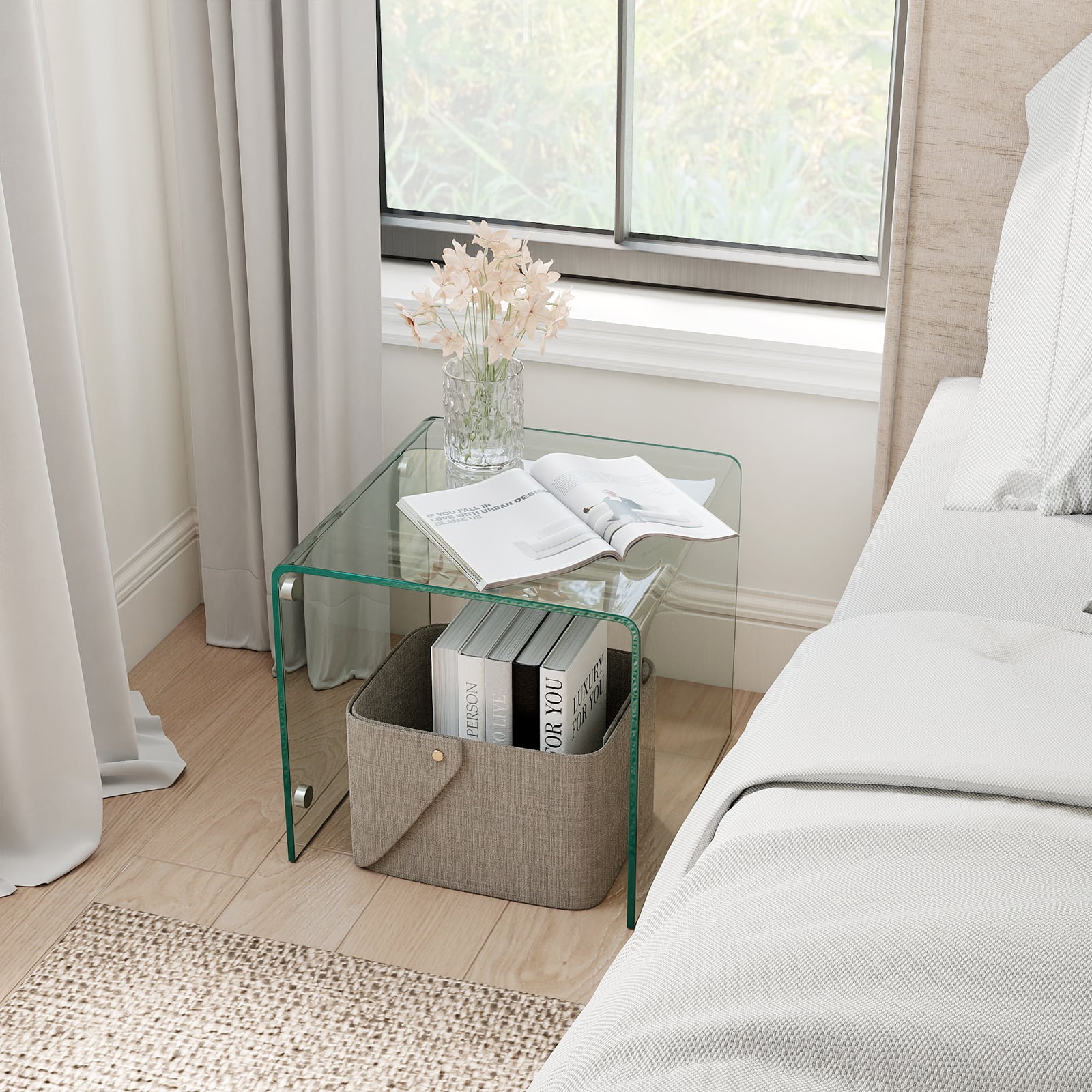 Modern Tempered Glass Side Table with 2-tier Shelf-Transparent