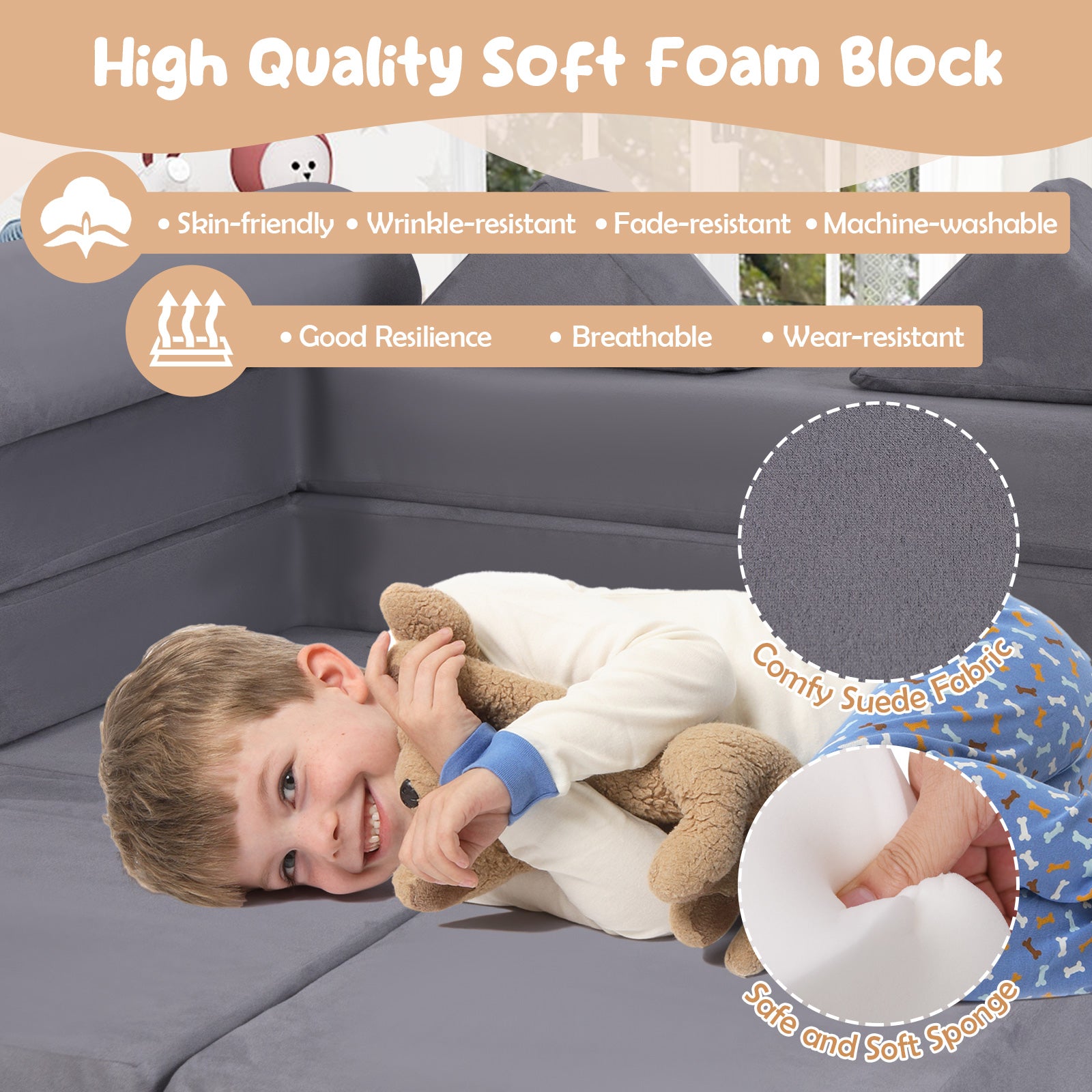 9-Piece Modular Kids Play Couch with Breathable Suede Fabric for Kids-Grey