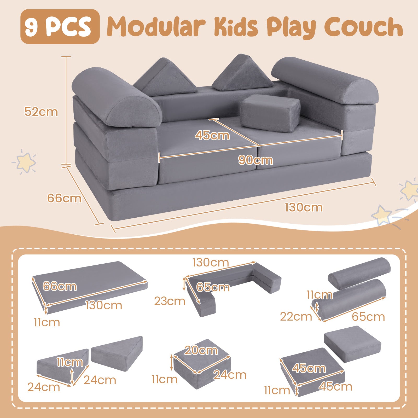 9-Piece Modular Kids Play Couch with Breathable Suede Fabric for Kids-Grey