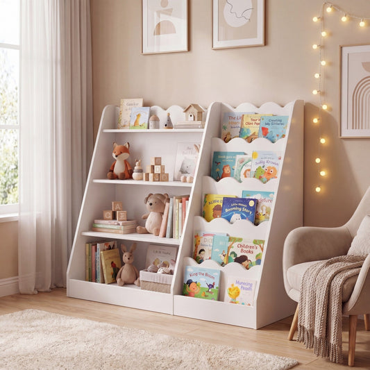 Montessori Kids Bookshelf with 5-Tier Scalloped Shelves for Nursery and Kids Room-White