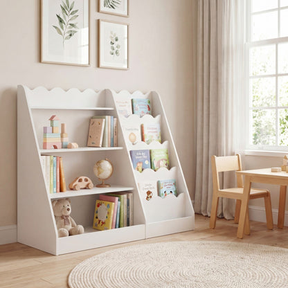 Montessori Kids Bookshelf with 5-Tier Scalloped Shelves for Nursery and Kids Room-White