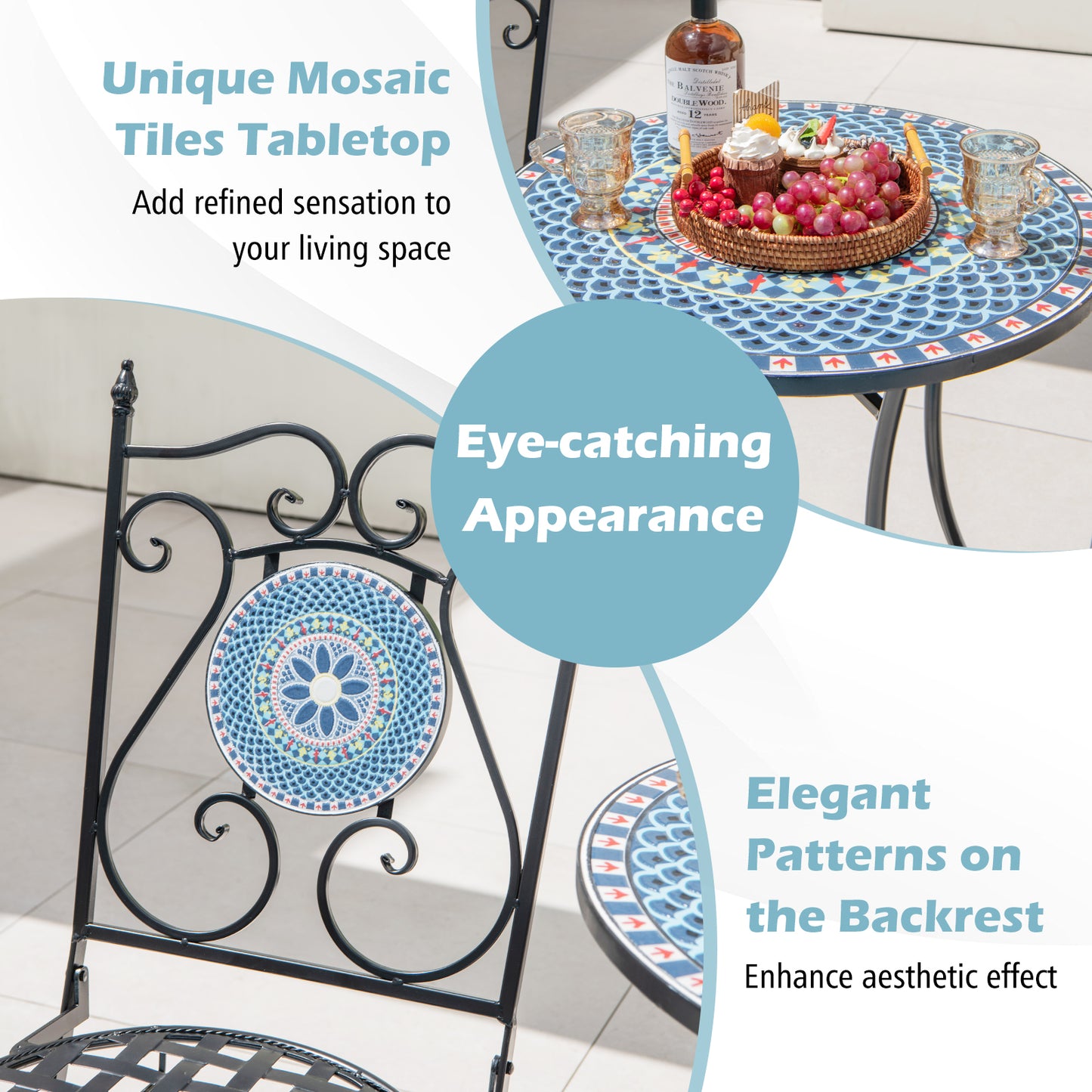 Mosaic Chairs for Patio Set of 2 Metal Folding Chairs with Decorative Backrest