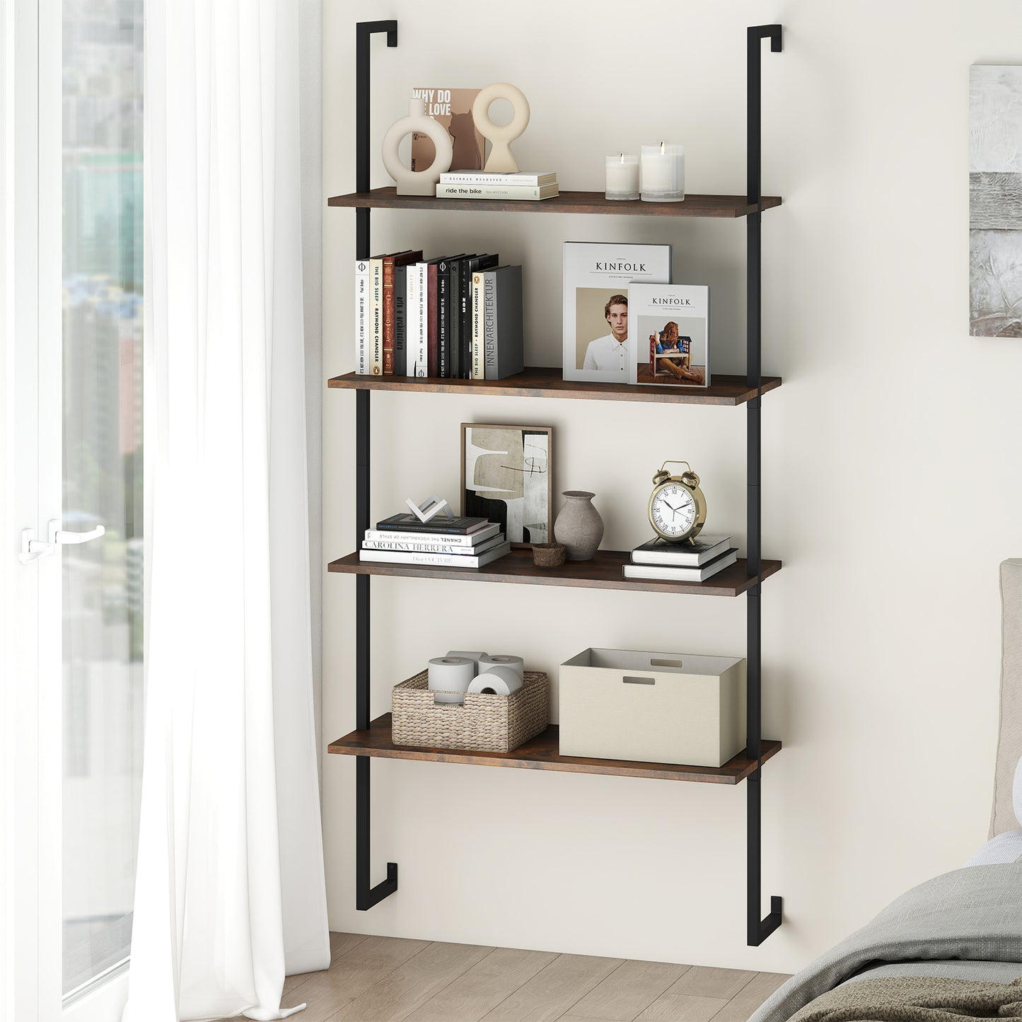 4-Tier Wall-Mounted Bookshelf with Metal Frame for Living Room-Rustic Brown