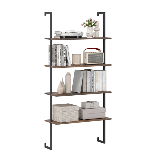 4-Tier Wall-Mounted Bookshelf with Metal Frame for Living Room-Rustic Brown