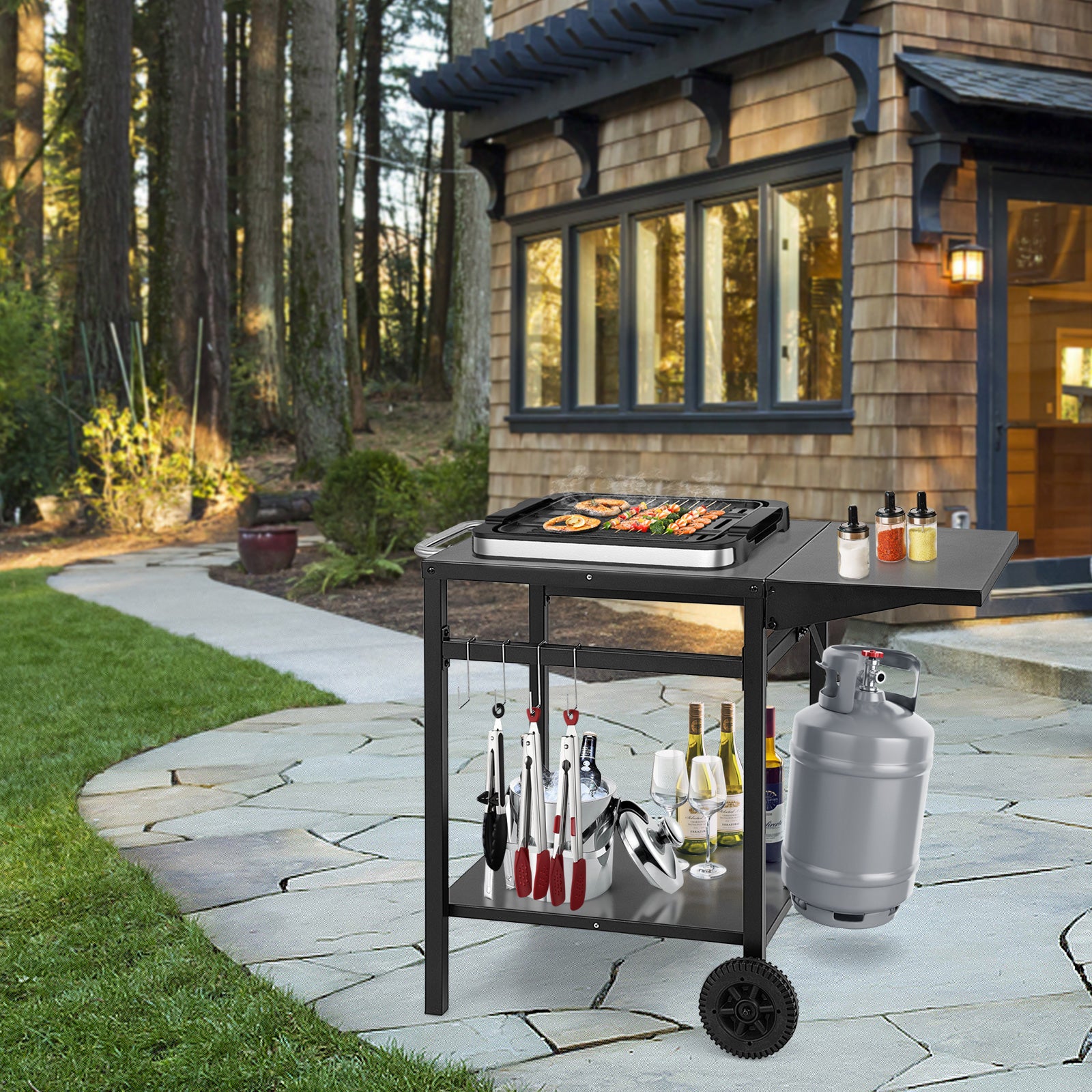 Movable Dining Cart Table Trolley with Folding Tabletop for BBQ Grill-Black