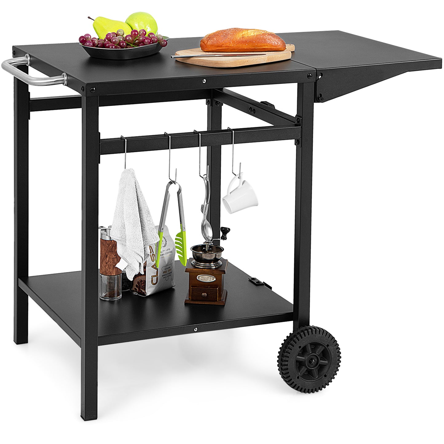Movable Dining Cart Table Trolley with Folding Tabletop for BBQ Grill-Black