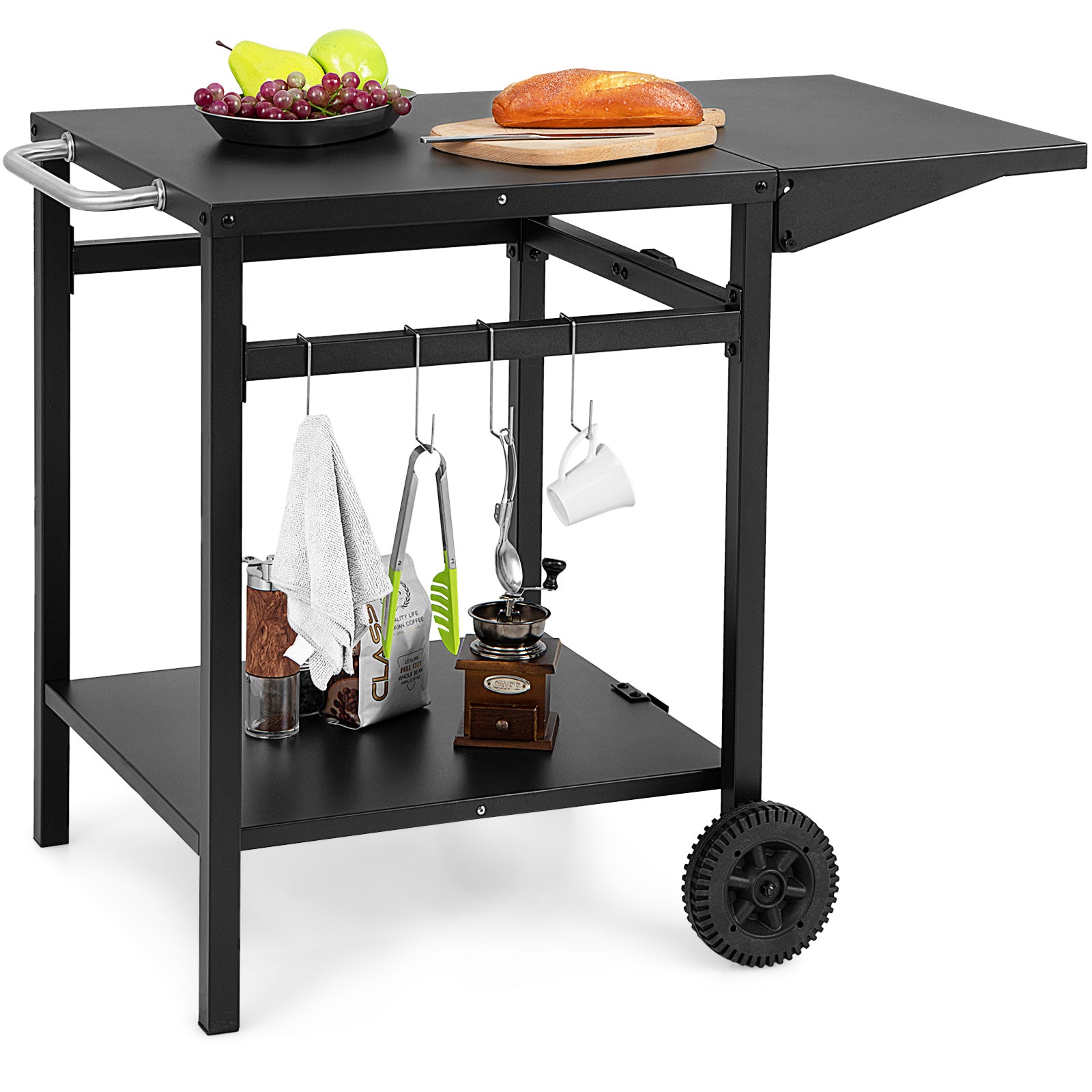 Movable Dining Cart Table Trolley with Folding Tabletop for BBQ Grill-Black