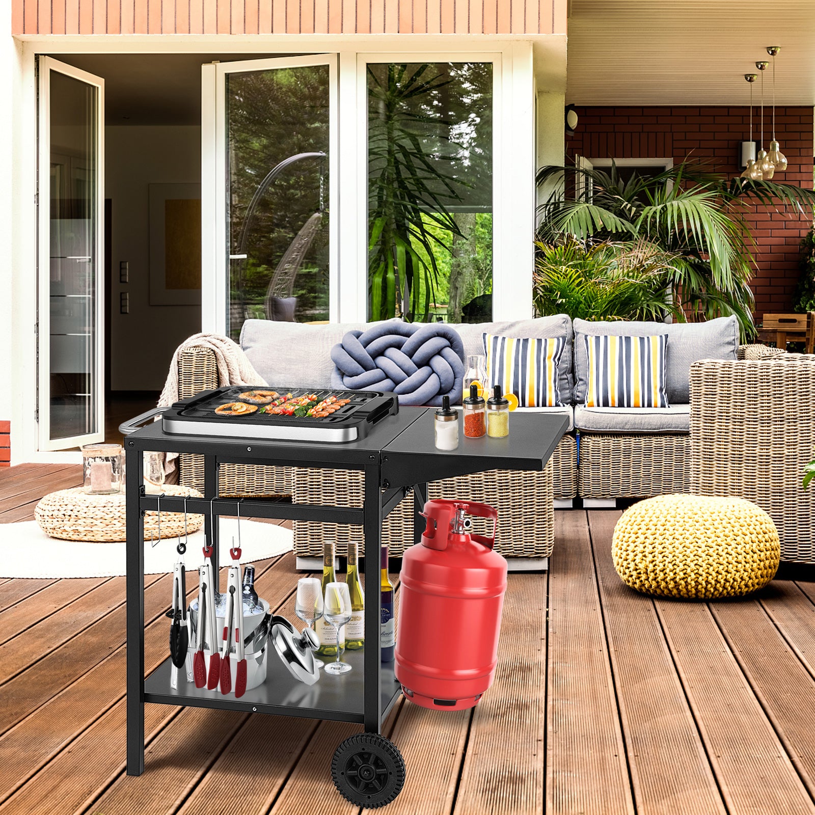 Movable Dining Cart Table Trolley with Folding Tabletop for BBQ Grill-Black