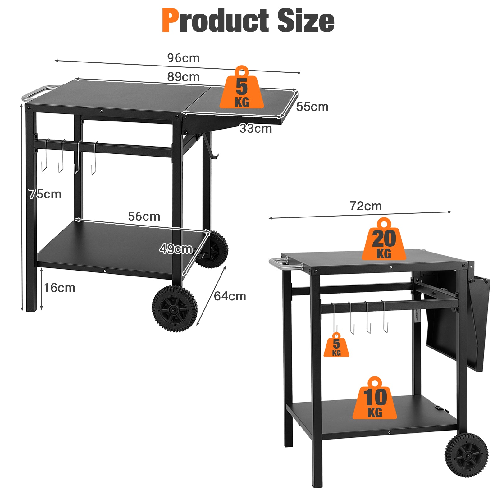 Movable Dining Cart Table Trolley with Folding Tabletop for BBQ Grill-Black