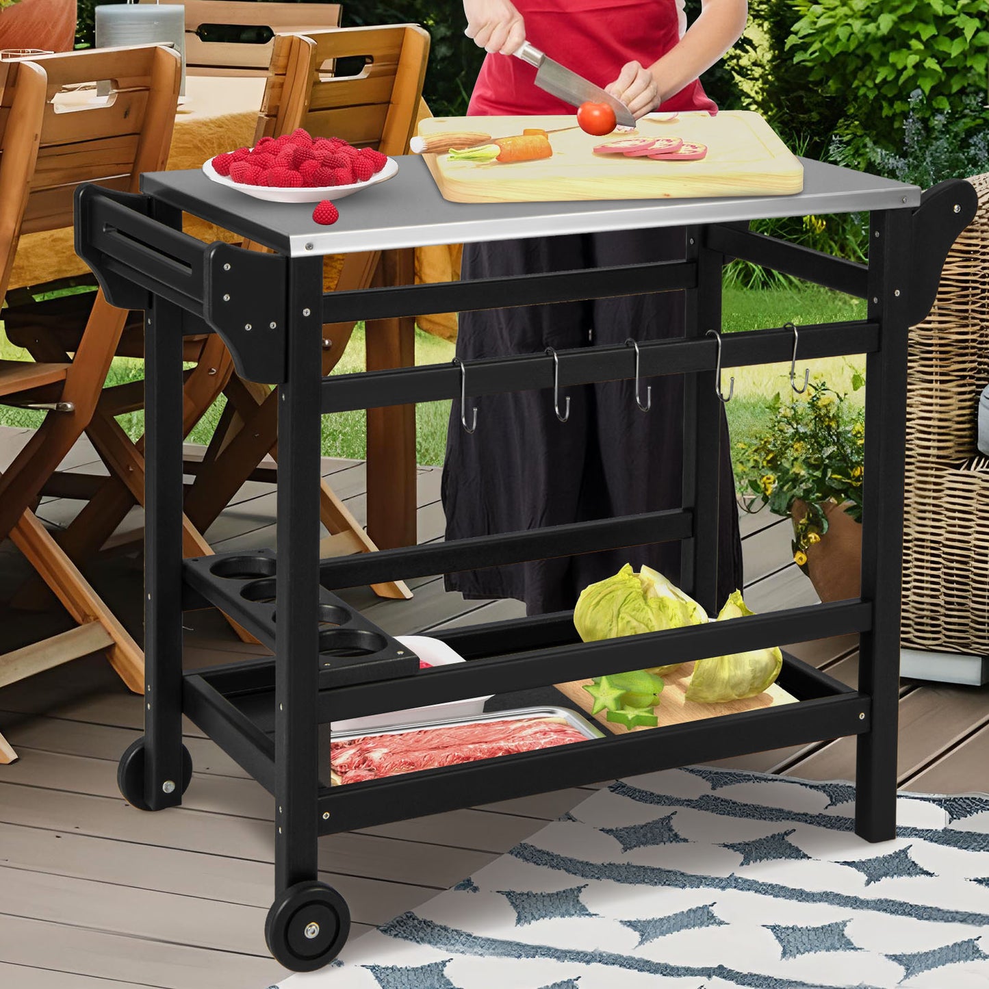Movable Outdoor Dining Cart HDPE Pizza Oven Stand Table-Black