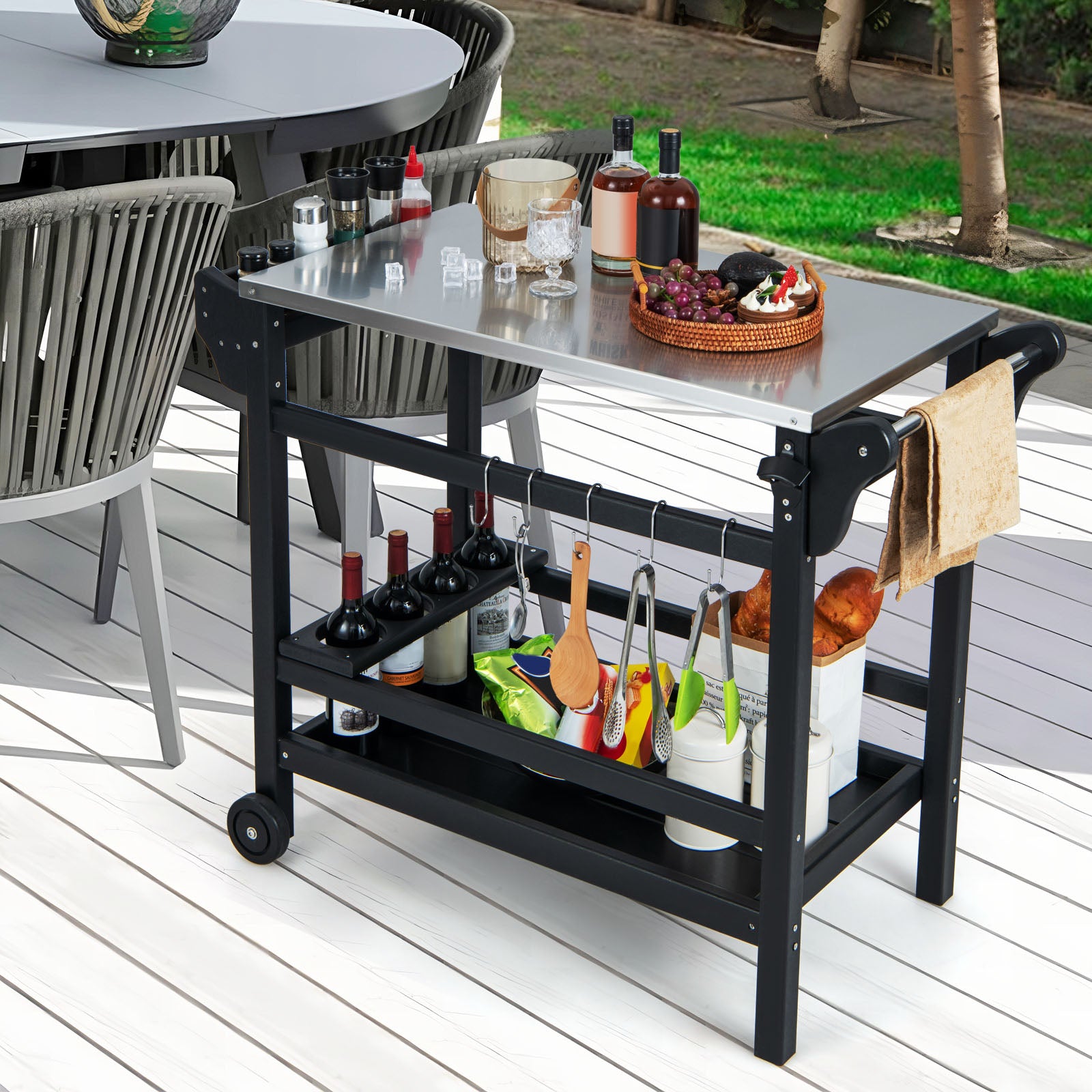 Movable Outdoor Dining Cart HDPE Pizza Oven Stand Table-Black