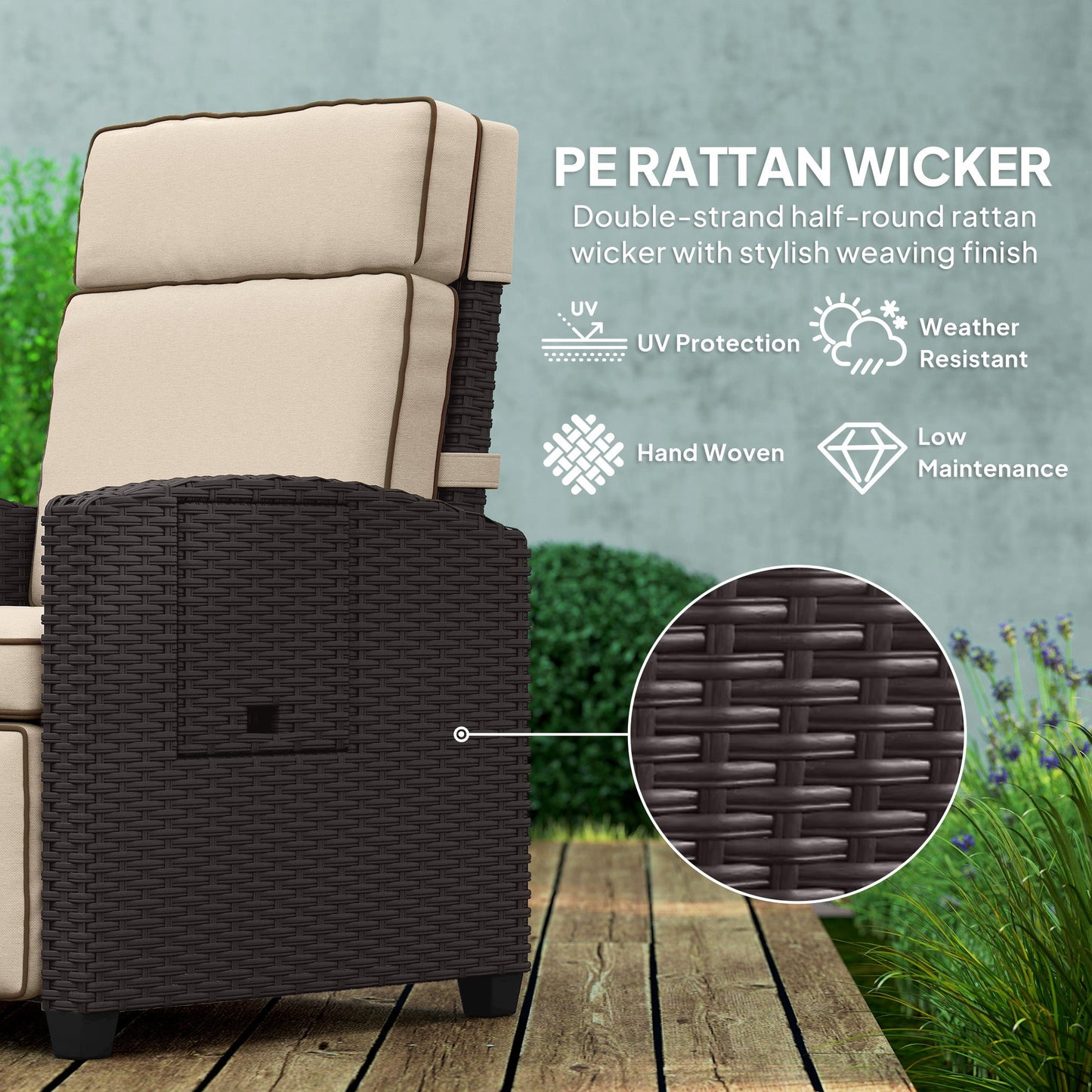 Outsunny 145Â° Reclining Rattan Armchair, with Footrest - Brown/Khaki