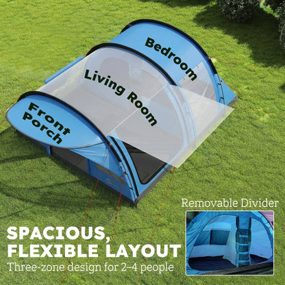 Outsunny 4 Person Easy Setup Family Camping Tent with 2 Rooms, Waterproof Tunnel Tent w/ Sewn In Groundsheet, Sky Blue & Grey