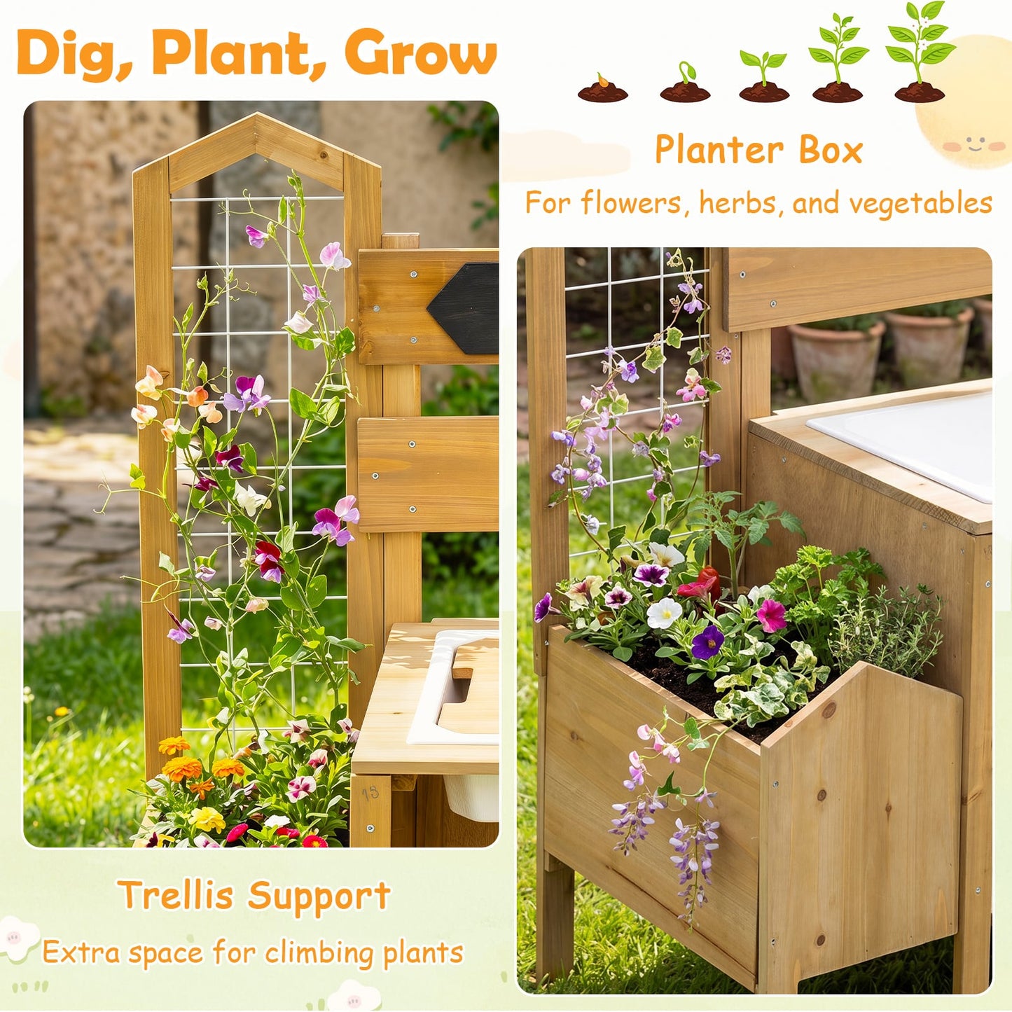 Mud Kitchen for Kids with Detachable Bird Cage and Planter Box for Toddlers Aged 3+-Natrual