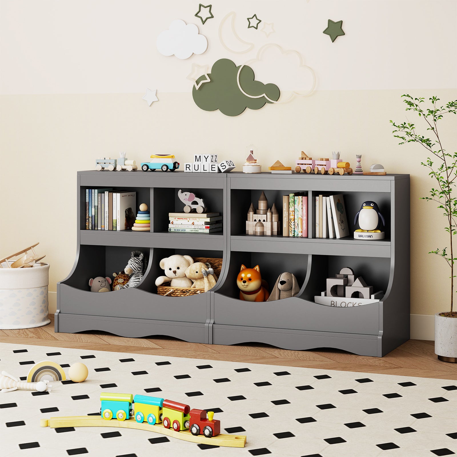 Multi-Bin Toy Storage Cabinet for Children's Room and Playroom-Grey