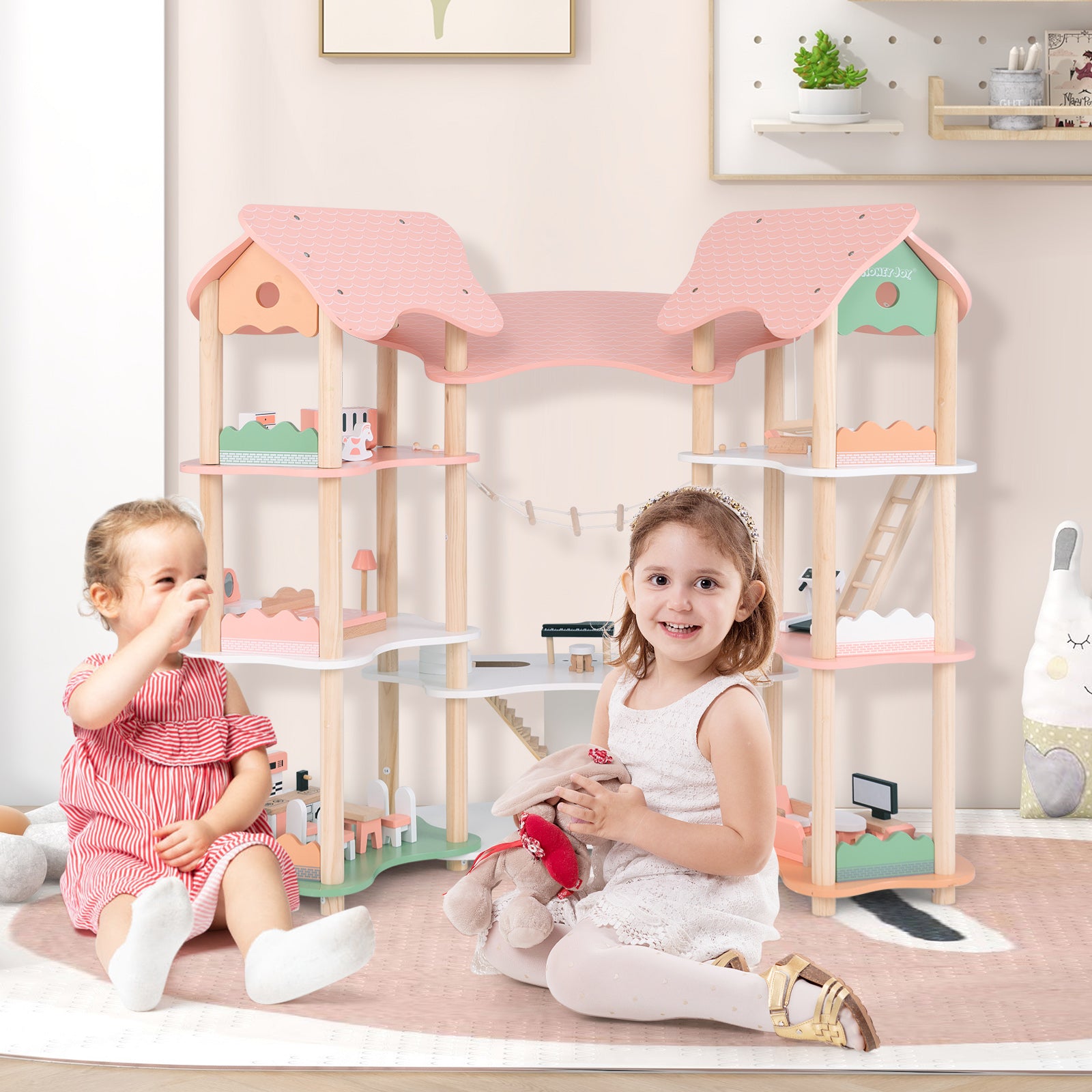 Multi-Layer Wooden Dollhouse Versatile Kids Playhouse Toy with 7-Room-Pink