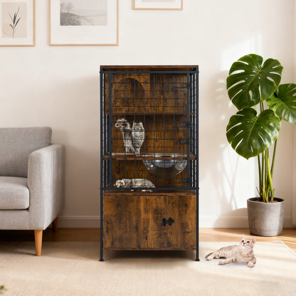 Multi-level Cat Cabinet Cage Metal Frame with Cat Bowel and Cabinet