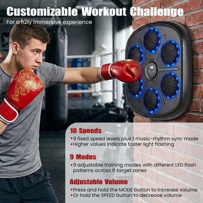 Music Boxing Machine with Gloves and LED Light Targets and Punch Counter