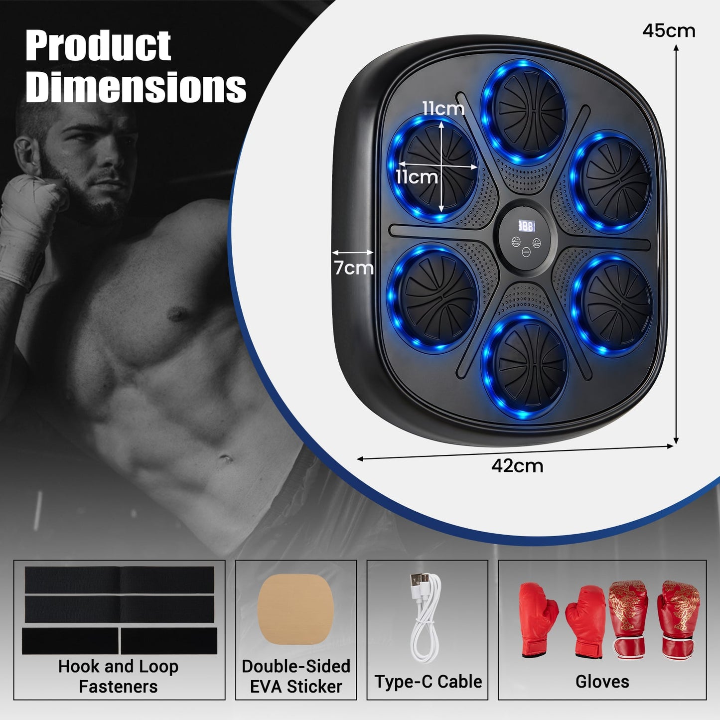 Music Boxing Machine with Gloves and LED Light Targets and Punch Counter